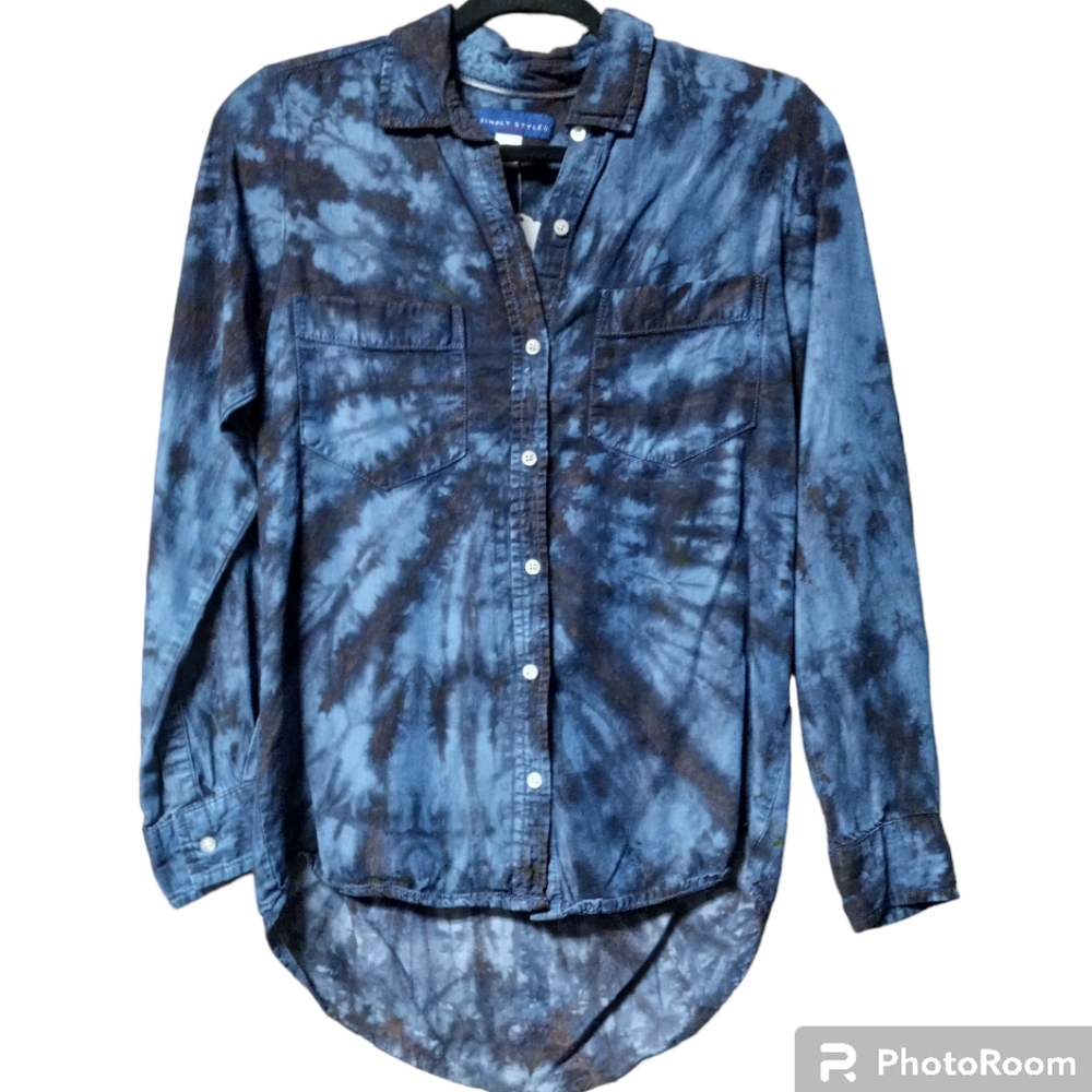 Upcycled Simply Styled by Sears Tie Dye Black Spiral Long Sleeve Button Down